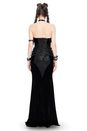 Gothic backless velvet maxi dress back view showing structured waist panel and chain halter details