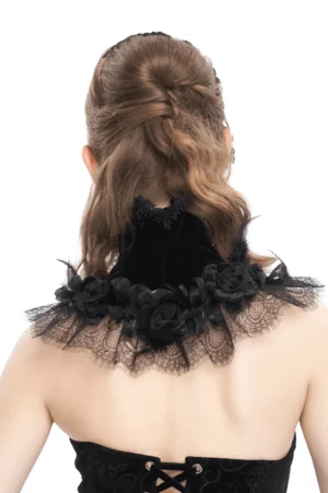 Gothic neck collar with ruffled lace edge and velvet construction - back view on model