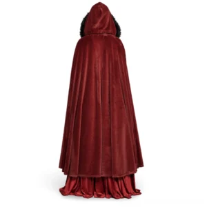 Floor-length burgundy velvet gothic cloak back view, black faux fur hood trim and dramatic drape