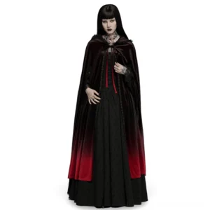 Black to deep red ombre velvet gothic hooded cloak worn by model, frontal view showing gradient design and lace-up detail