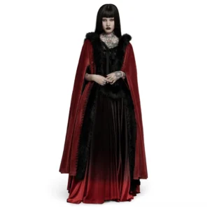 Crimson velvet gothic faux fur long cloak front view on model, black fur trim and lace pocket details