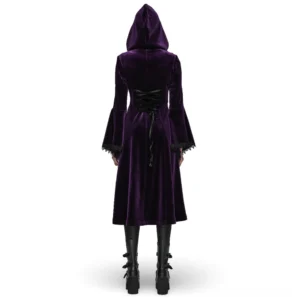 Gothic velvet hooded coat rear view showing intricate lace-up corset back detail and full-length silhouette with black lace embroidery