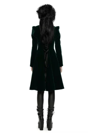 Gothic velvet coat back view showing corset lace-up detail and puffed long sleeves on model