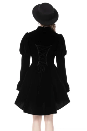 Gothic velvet coat back view showing lace-up back design and white lace trim details