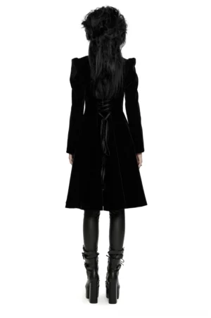 Black velvet gothic coat rear view, showing lace-up corset back detail and sleek velvet fabric drape on model