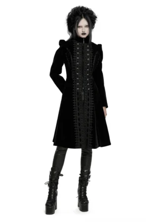 Black velvet gothic long coat with lace panels, front full-body view on model, dramatic A-line silhouette with stand collar and decorative buttons