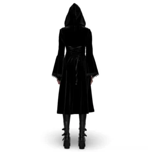 Black gothic velvet hooded winter coat with corset lace-up back detail, back view