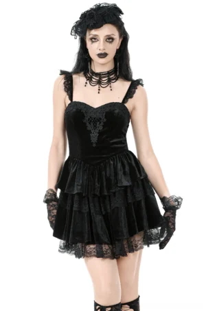 Black velvet gothic mini dress with corset lace-up front and tiered ruffles, front full-body view on model