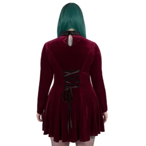 Gothic wine red velvet dress back view showing corset lace-up design and back neck cutout with embossed button detail
