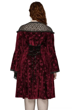 Back view of burgundy gothic velvet dress showing adjustable lace-up corset closure detail