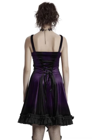 Gothic purple velvet dress with adjustable lace-up corset back and black ruffled hem - back view on model