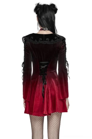 Back view of burgundy gothic velvet dress showing decorative corset lace-up design and gradient ombre effect on premium velvet fabric