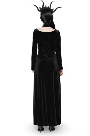 Back view of gothic velvet floor-length dress on model with horned headdress, showcasing back corset lace-up design and long sleeves
