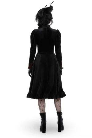 Black velvet gothic midi dress back view showing fitted silhouette and ruffled hem