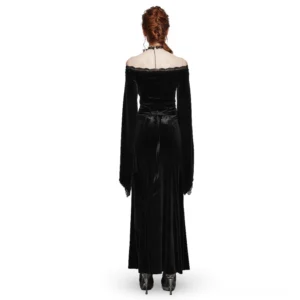 Gothic velvet maxi dress back view showing lace-up corset back and split lace sleeves