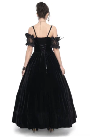 Gothic off-shoulder dress back view showing lace-up corset back and floor-length velvet skirt with burgundy undertones