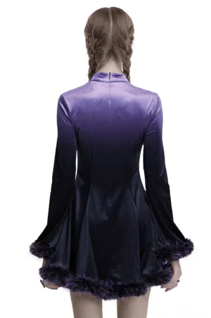 Purple gothic velvet dress back view showing back zipper closure and flared A-line silhouette with gradient fur hem trim