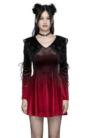 Burgundy velvet gradient gothic dress front view on model with double bun hairstyle, featuring heart lace collar, flared sleeves with lace straps, and A-line mini silhouette