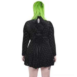 Back view of gothic velvet mini dress showcasing corset lace-up back with embossed buttons and keyhole neckline cutout