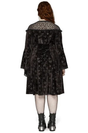 Gothic velvet midi dress with adjustable corset lace-up back and ornate lace yoke - rear full body view