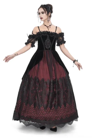 Black and burgundy velvet off-shoulder Victorian gothic ball gown - front full view with lace trim and feather accents on studio background