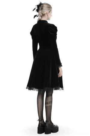 Black gothic velvet dress with lace hem and fitted waist - back full-body view showing elegant silhouette