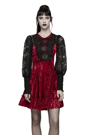 Front view of Victorian gothic velvet dress with wine-red crushed velvet, black lace lantern sleeves, and ruffled mini hem - full body fashion photography