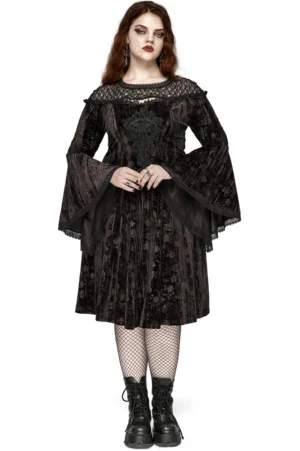 Dark coffee velvet gothic dress with rose embossing, trumpet sleeves, and lace corset back - front full body view on model