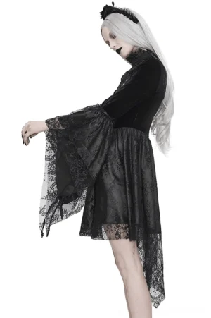 Black gothic off-shoulder dress with dramatic trumpet sleeves - side profile showing flared lace cuffs