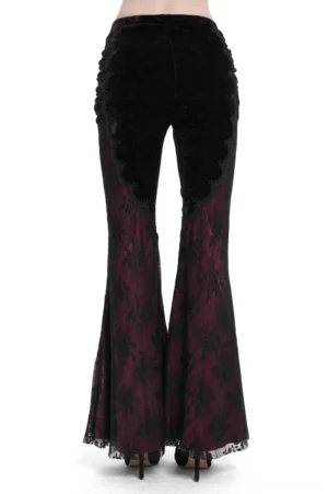 High-waisted black velvet gothic flare pants rear view with wine-red sheer lace leg panels and black heels