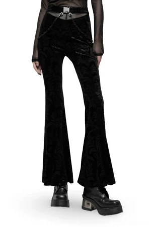 Black damask velvet bell bottom gothic pants with mesh waist and removable chain belt - front three-quarter view on model