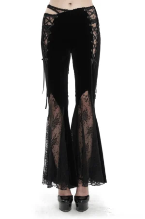 Black velvet gothic flared pants with lace-up cutout waist detail and lace bell bottom hem, front view on female model
