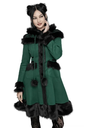 Gothic velvet hooded coat with faux fur trim worn by model with twin buns, front three-quarter view showing A-line silhouette and black-green fabric