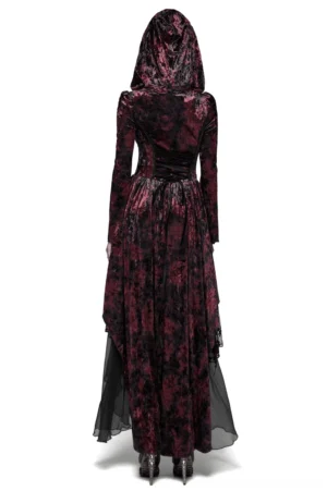 Gothic hooded dress rear view showing lace-up corset back design and asymmetric floor-length tulle hem