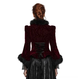 Full rear view of gothic velvet short jacket showcasing lace-up corset back closure, padded shoulders, and wine red embossed velvet with black faux fur trim detail