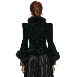 Gothic velvet jacket back view showing adjustable lace-up corset back design and padded shoulders
