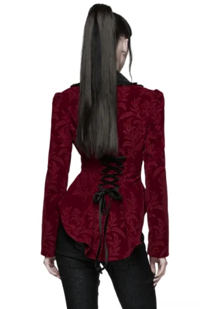 Gothic velvet jacket back view showing lace-up corset back design and damask pattern
