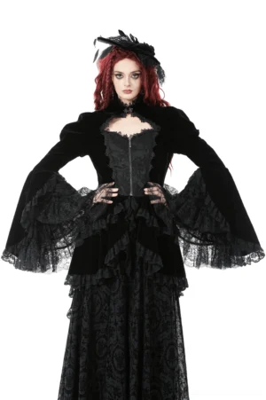Black velvet gothic lace-up jacket with high-low tiered bell sleeves, front full-body view on model