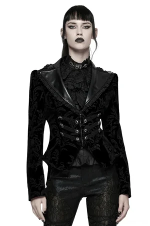 Black embossed velvet gothic jacket with lace-up front and gemstone buttons worn by model, front view