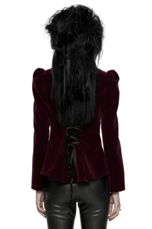 Gothic velvet jacket rear view on model, showcasing dramatic black ribbon lace-up corset back design and fitted waist silhouette