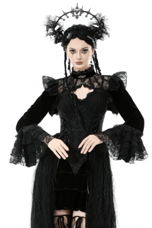 Victorian gothic velvet lace shrug with bell sleeves worn by model with feathered gothic headdress, front full-body view on white background