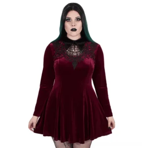 Wine red velvet gothic lace-up dress front view with spiderweb black lace collar and flared sleeves on model with gothic makeup
