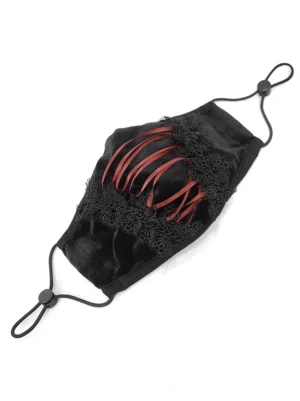 Black velvet gothic face mask with red corset lace-up detail, overhead angled view showcasing adjustable ear loops and black lace trim