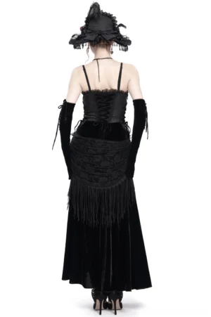 Back view of black gothic velvet floor-length dress showing lace-up corset back detail and fringe tassel waist decoration