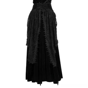 Gothic velvet floor-length skirt center front view with lace-up waist and dramatic draping detail