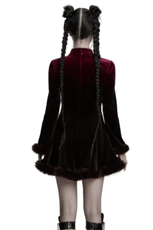 Gothic velvet mini dress back zipper detail with feather hem trim and fishnet stockings