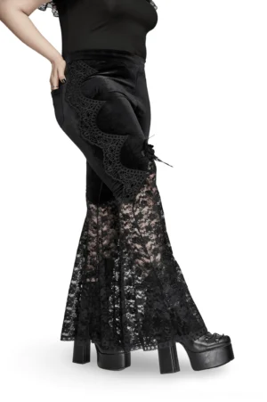 Gothic pants featuring feather and scalloped lace details, side rear view with flared hem