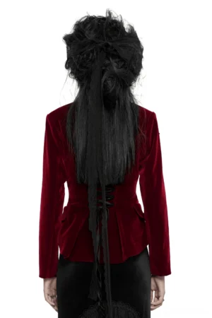Gothic burgundy velvet tailcoat back view showing lace-up corset design and extended back panels on model