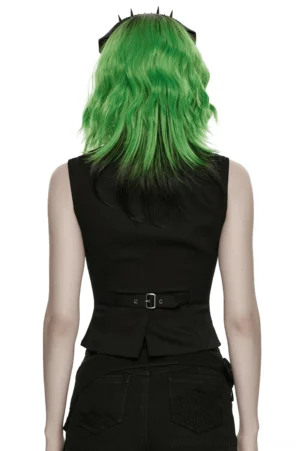 Black gothic waistcoat back view, waist adjustment buckle, alternative fashion cyberpunk style