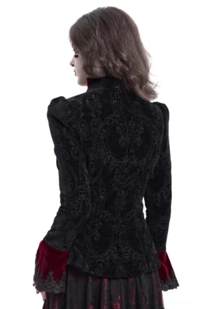 Back view of gothic Victorian wine red blazer showing intricate damask jacquard embroidery, puffed shoulders, fitted waist, and lace-trimmed velvet cuffs